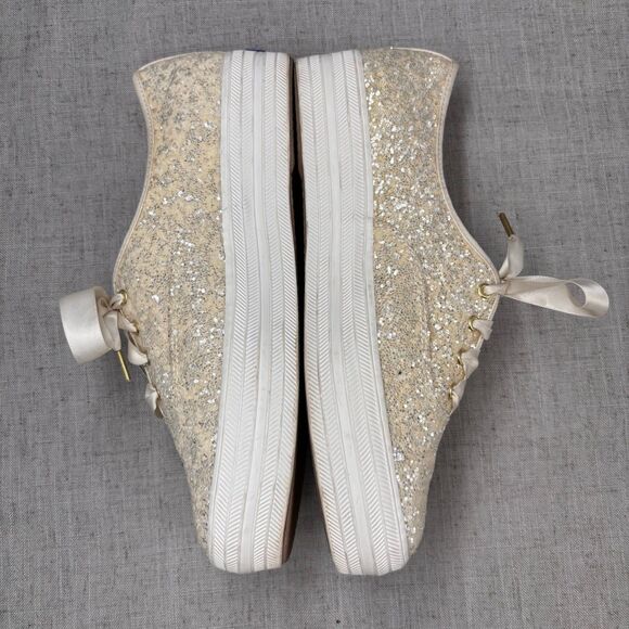 Kate Spade Keds‎ Triple KS Glitter Sneakers Cream Canvas Lace Up Platform 8.5 - Picture 10 of 11